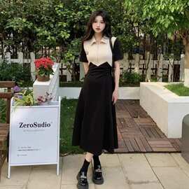 跨境批发撞色设计感开叉连衣裙女春夏韩版POLO领收腰显瘦小黑裙女