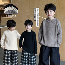 童酷男童2025冬季新款老钱风翻领宝宝针织衫纯色百搭加厚儿童毛衣