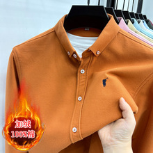 外贸刺绣男士翻领长袖加绒衬衫高品质纯棉水洗牛津纺男士长袖衬衣