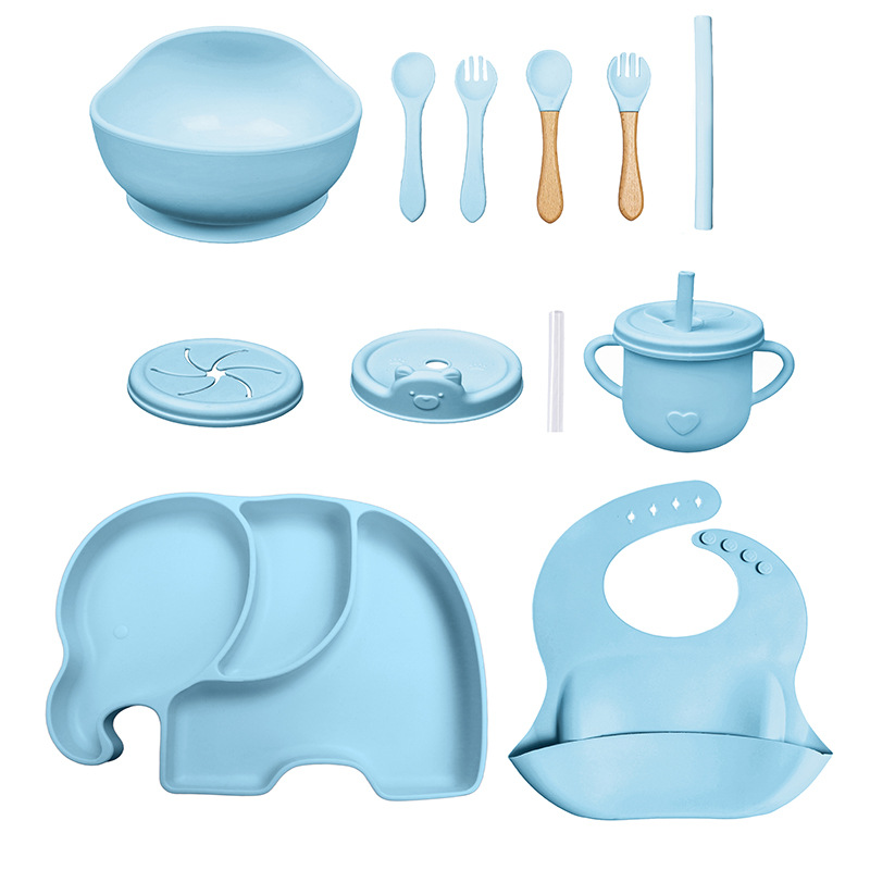 Conjunto de cubiertos para niños tazón de alimentos suplementarios platos de silicona tazón de cuchara de tenedor bib taza de agua de grado alimenticio para bebés alimentación suplementaria