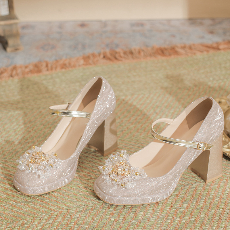 2026 Spring and Autumn New Mary Jane High Heels Women's Chunky Heel Rhinestone Strap Platform Wedding Shoes Champagne Color Shoes