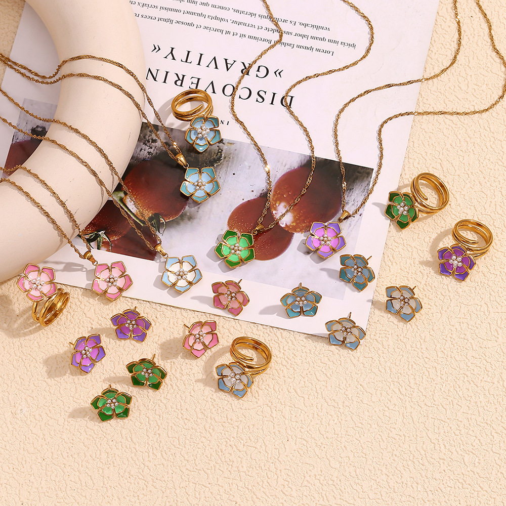 Pearl Colored Drop Oil Petal Necklace Earrings Ring Sets