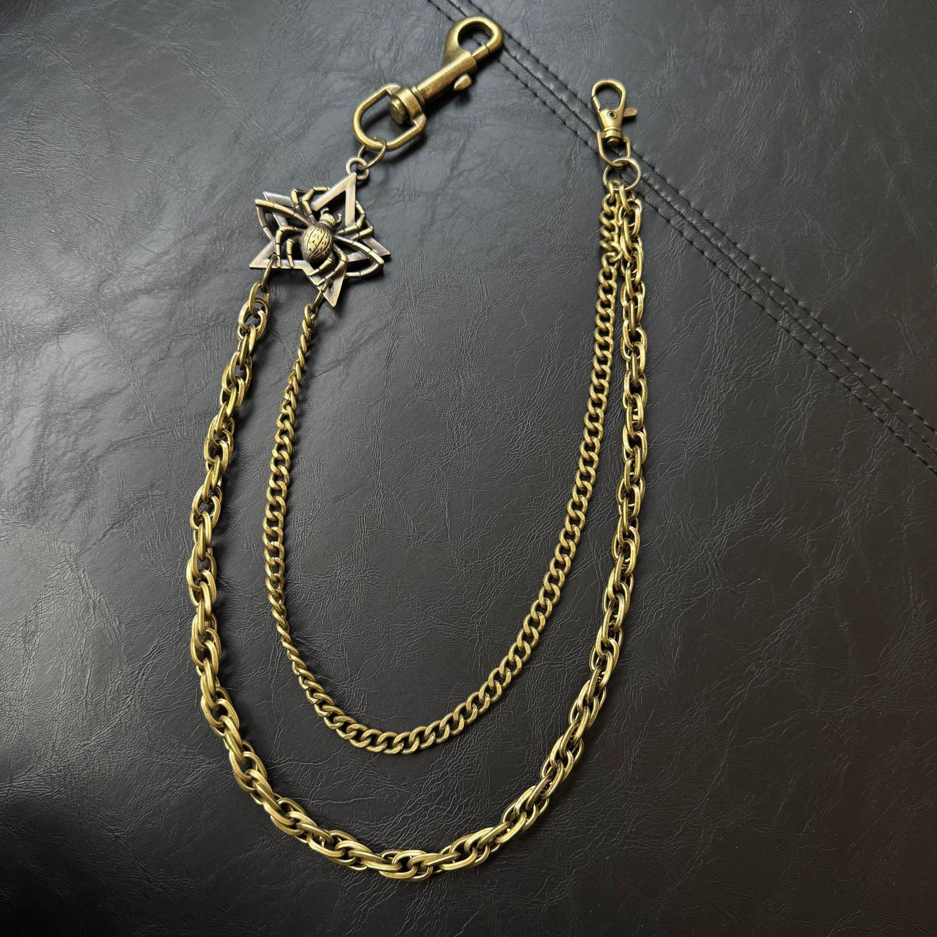 嘻哈朋克蜘蛛圖案休閒百搭古銅雙層褲鏈男士腰鏈錢包鏈