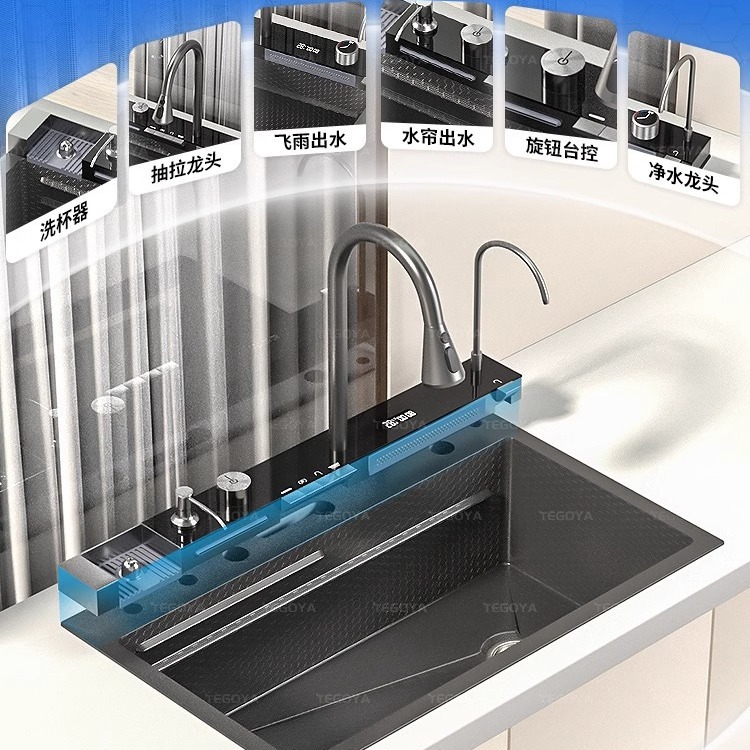 Ballena volar lluvia cascada fregadero nano acero inoxidable 304 hogar cocina vegetal lavabo pantalla digital en relieve grande sola ranura