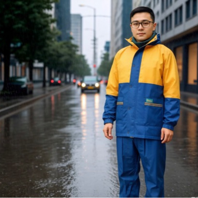 Korean-Style Color-Blocked Two-Piece Raincoat, Polyester with Pvc Coating, Rainproof for Cycling, Portable, Specialized for Heavy Rain, Lightweight, Heavy Rain Resistant