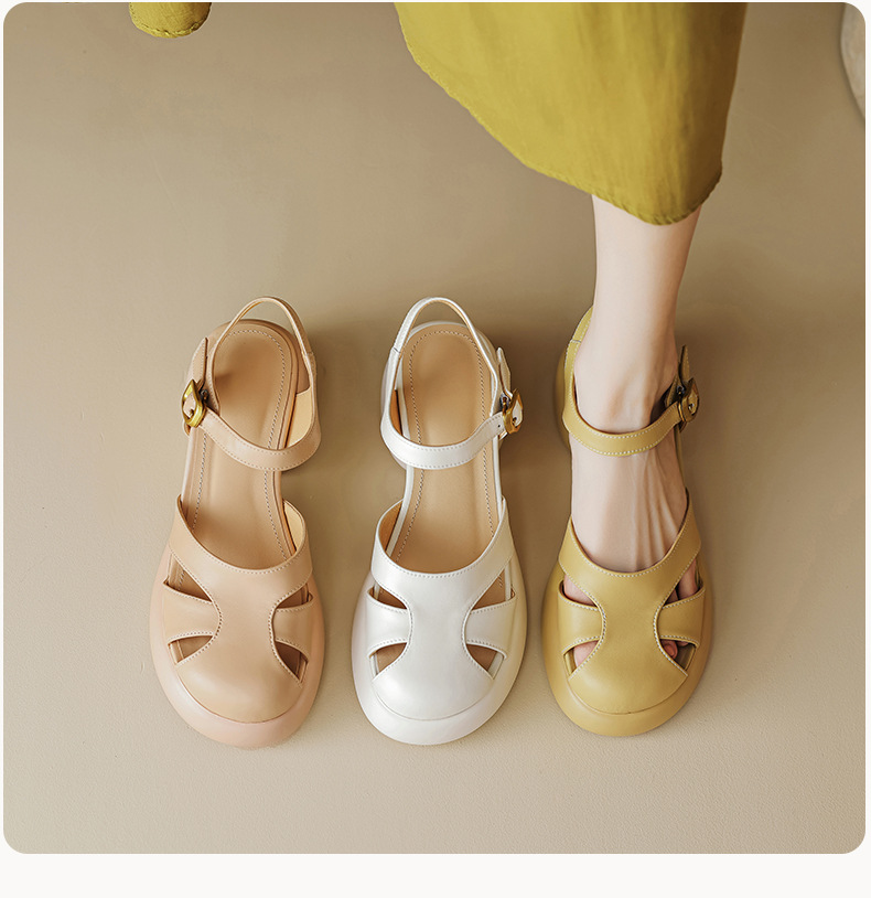 Sandal gót thô da cừu bít mũi phong cách La Mã đế dày quai ngang hở gót — Màu vàng ngỗng chi tiết 15