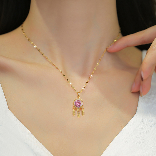 [Titanium Steel] Necklace and Earrings Set Light Luxury Full Diamond Paved Dreamnet Tassel Personalized Temperament Banquet Earrings and Necklaces Set