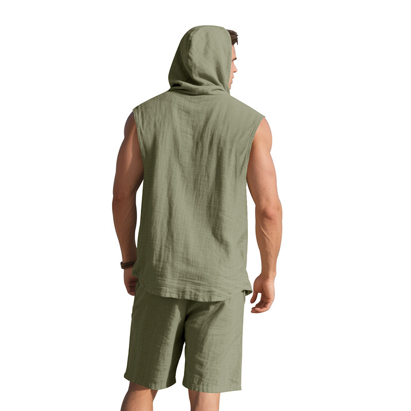 K Loose Casual Minimalist Hooded Sleeveless Sports Shirt Shorts Two-piece Set_viptrois.com