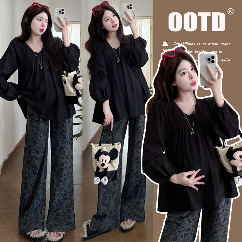 Real Shot of Simple Maternity Autumn French V-Neck Long-Sleeve Doll Collar Top + Cashew Jacquard Knit Maternity Pants