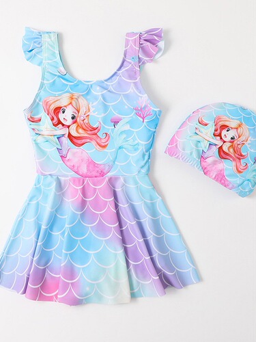 Cartoon Print Girls' Swimwear Children's Summer Hot Spring Swimming Set for Girls One-piece Breathable Quick-dry Mermaid
