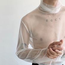 堆堆高领网纱打底衫防晒长袖t恤男夏季镂空透明薄上衣设计感小众