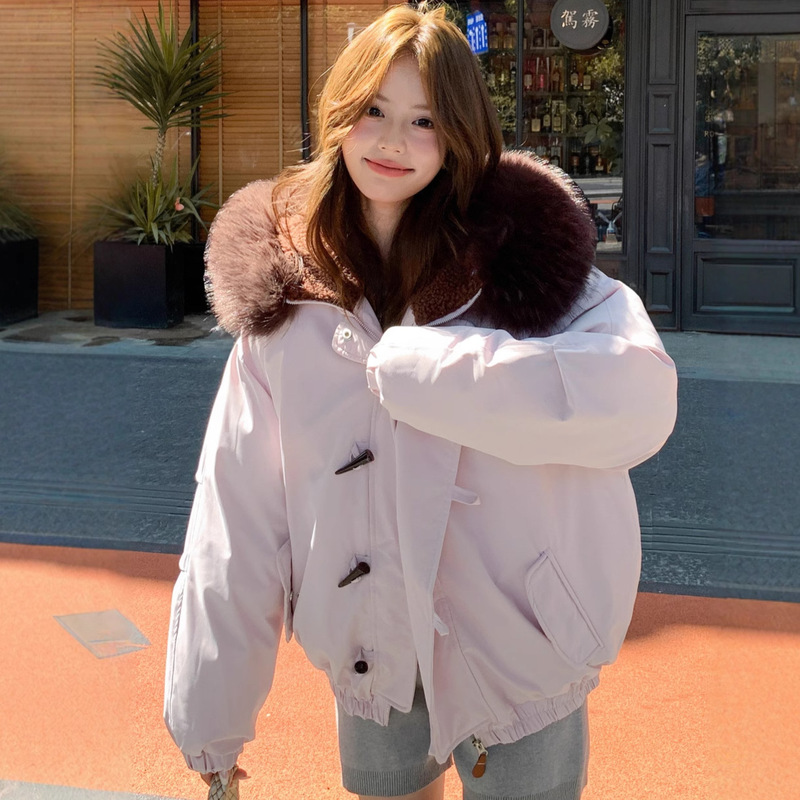 羽绒棉服女工装派克服毛领连帽牛角扣外套冬季2025宽松加厚保暖|undefined