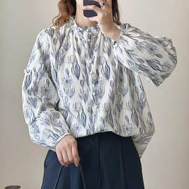 春装新品 文艺小立领印花包扣百搭长袖衬衫女打底衫休闲灯笼袖
