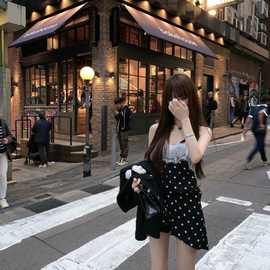 波点蕾丝拼接吊带裙女2025夏季新款黑色a字连衣裙显瘦辣妹上衣潮