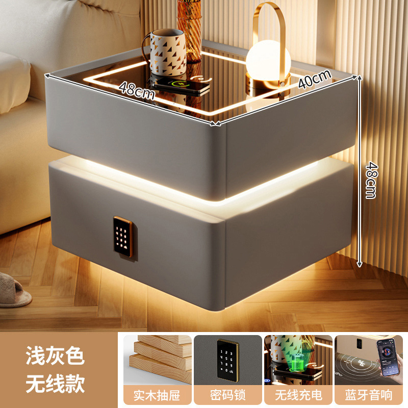 Mesa de cabezal de cama moderna lujosa inteligente con luces de alto nivel de sensación de dormitorio estante de cabezal de cama de viento de crema almacenar gabinete bajo junto a la cama