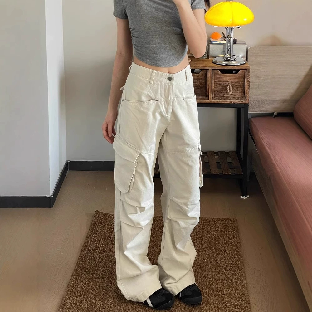 Американские ретро-белые брюки-карго для женщин, новый летний стиль, свободные широкие брюки с множеством карманов, утягивающие повседневные брюки прямого кроя.