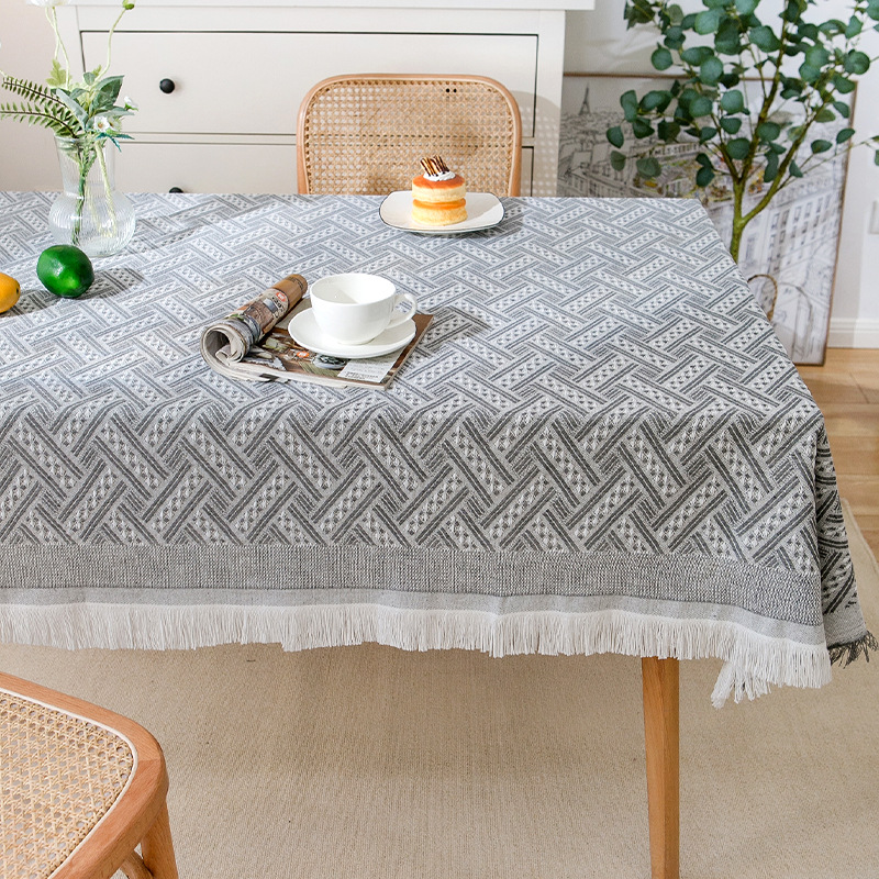 Mantel de gasa de algodón con borlas de estilo crema, mantel a prueba de polvo con atmósfera fotográfica, cubierta decorativa rectangular para mesa de centro antideslizante