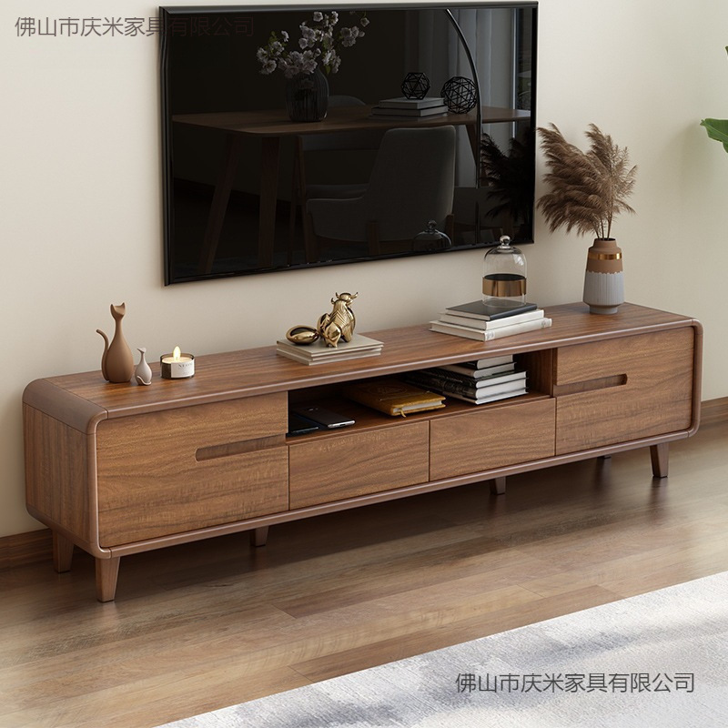 Tv Cabinet Solid Wood Frame Low Floor Cabinet New Chinese Style Small Apartment Living Room Video Cabinet Walnut Color Bedroom Tv Cabinet