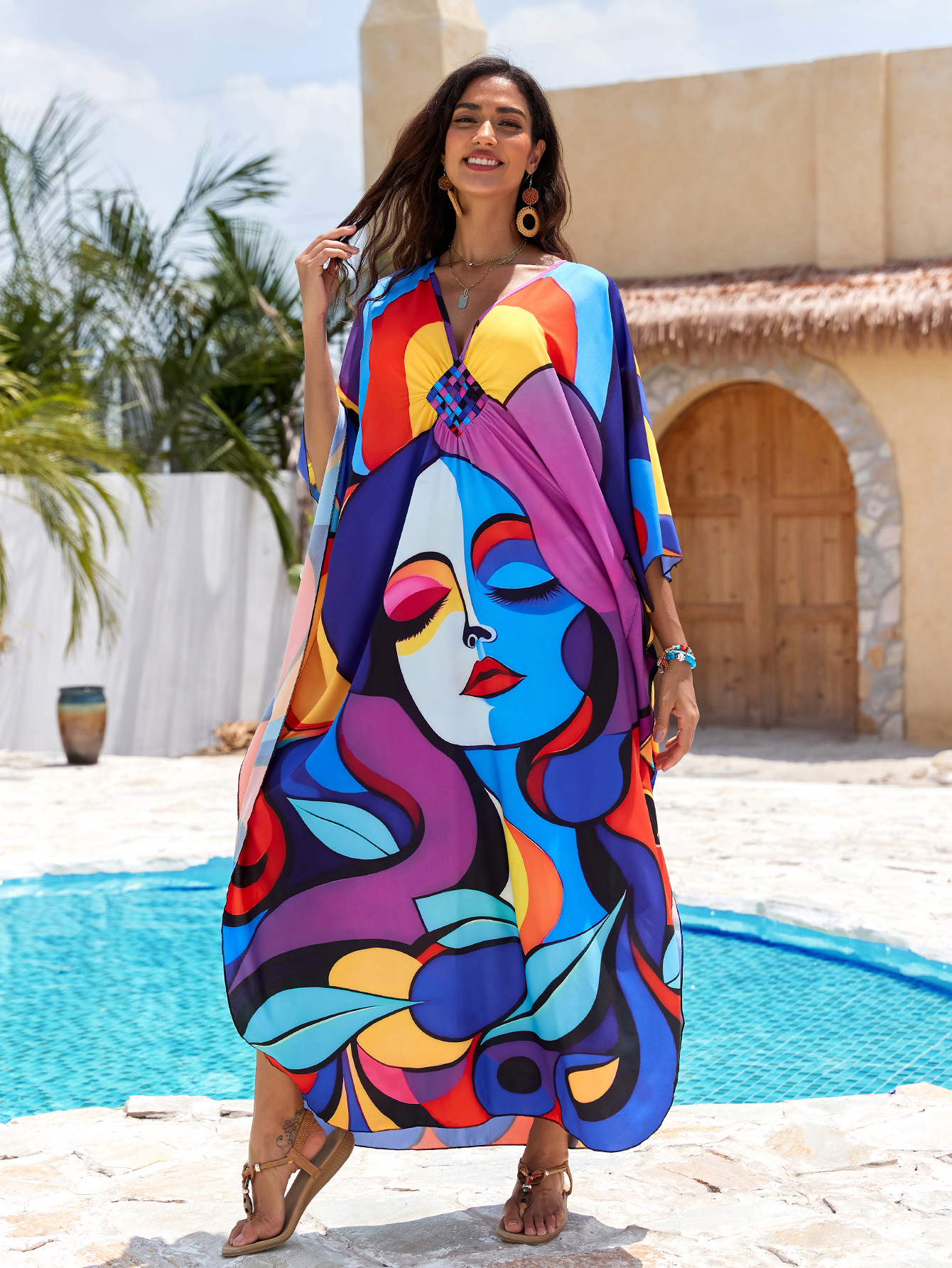 Nuevo posicionamiento de Europa y América impresa playa blusa tejida a mano V-collar vestido de vacaciones vestido largo 31 colores