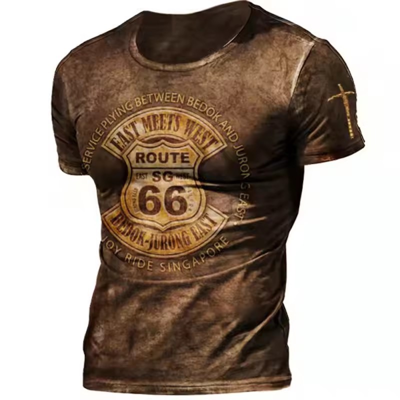 Camiseta de cuello redondo de manga corta transpirable de malla suelta de verano de los hombres con estampado 3D con estampado de lema retro clásico