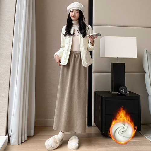 Women's Semi-Skirt with Fleece, Autumn/Winter Long Skirt, Thick High-Waist Slimming Knitted Medium-Length Relaxed Style Back Slit Bubble Butt Skirt