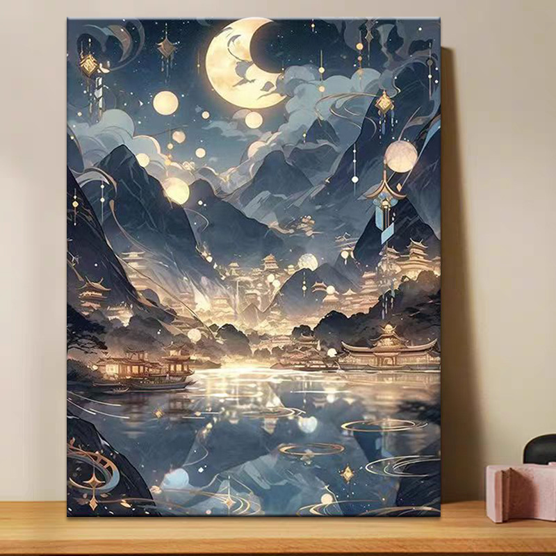 Pintura al óleo digital de estilo antiguo estilo arquitectónico de la dinastía Tang, relleno a mano, relleno de agujero, lámpara acrílica, sala de estar nueva