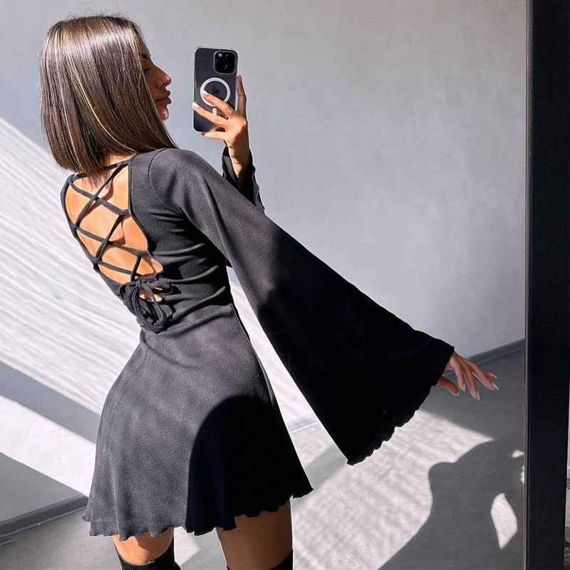 2025 European and American New Sexy Long-Sleeved Round Neck Dress for Women Autumn and Winter Bell-Sleeved Cut Out Strap A-Line Skirt
