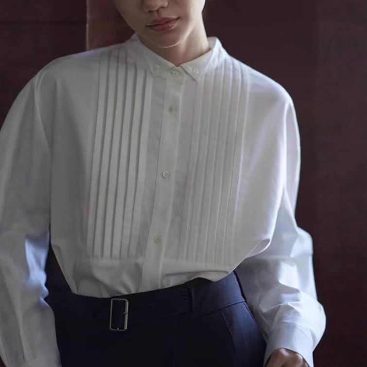 Vintage Retro Small Lapel Exquisite Tucker Line Placket Classic H-Fit Slimming Commuter Shirt for Women