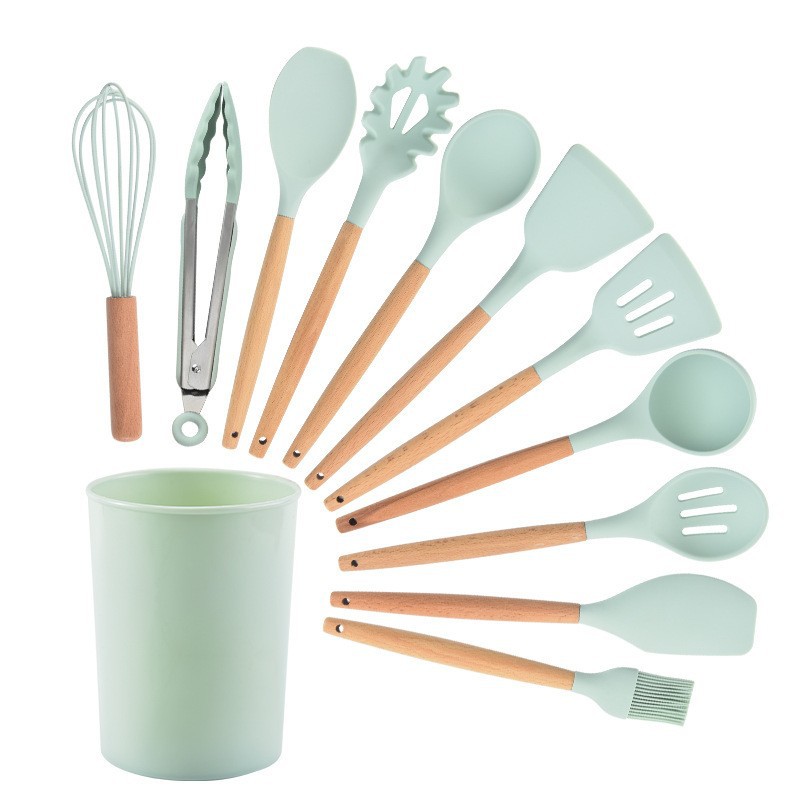 Cocina olla antiadherente cubo de almacenamiento juego de utensilios de cocina de silicona juego de 12 piezas de utensilios de cocina con mango de madera olla de silicona cuchara utensilios de cocina de silicona