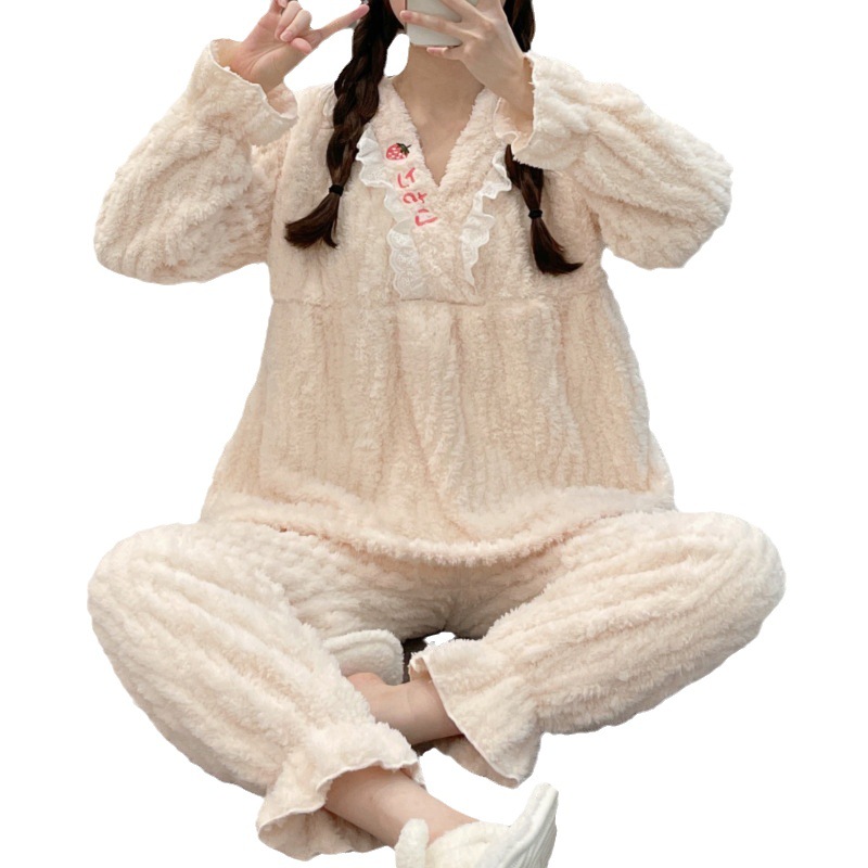 Estilo coreano estilo japonés pijamas mujeres Otoño e Invierno nuevo Felpa jacquard traje suelto más tamaño manga larga casual desgaste del hogar