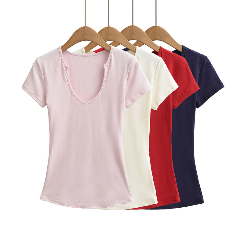 Hot Girl Pink U-Neck Short-Sleeve T-Shirt for Women, Slim-Fit, Pure Desire Style, Stretchy, Solid Color Basic Top Hot Girl Pink U-Neck Short-Sleeve T-Shirt for Women, Slim-Fit, Pure Desire Style, Stretchy, Solid Color Basic Top