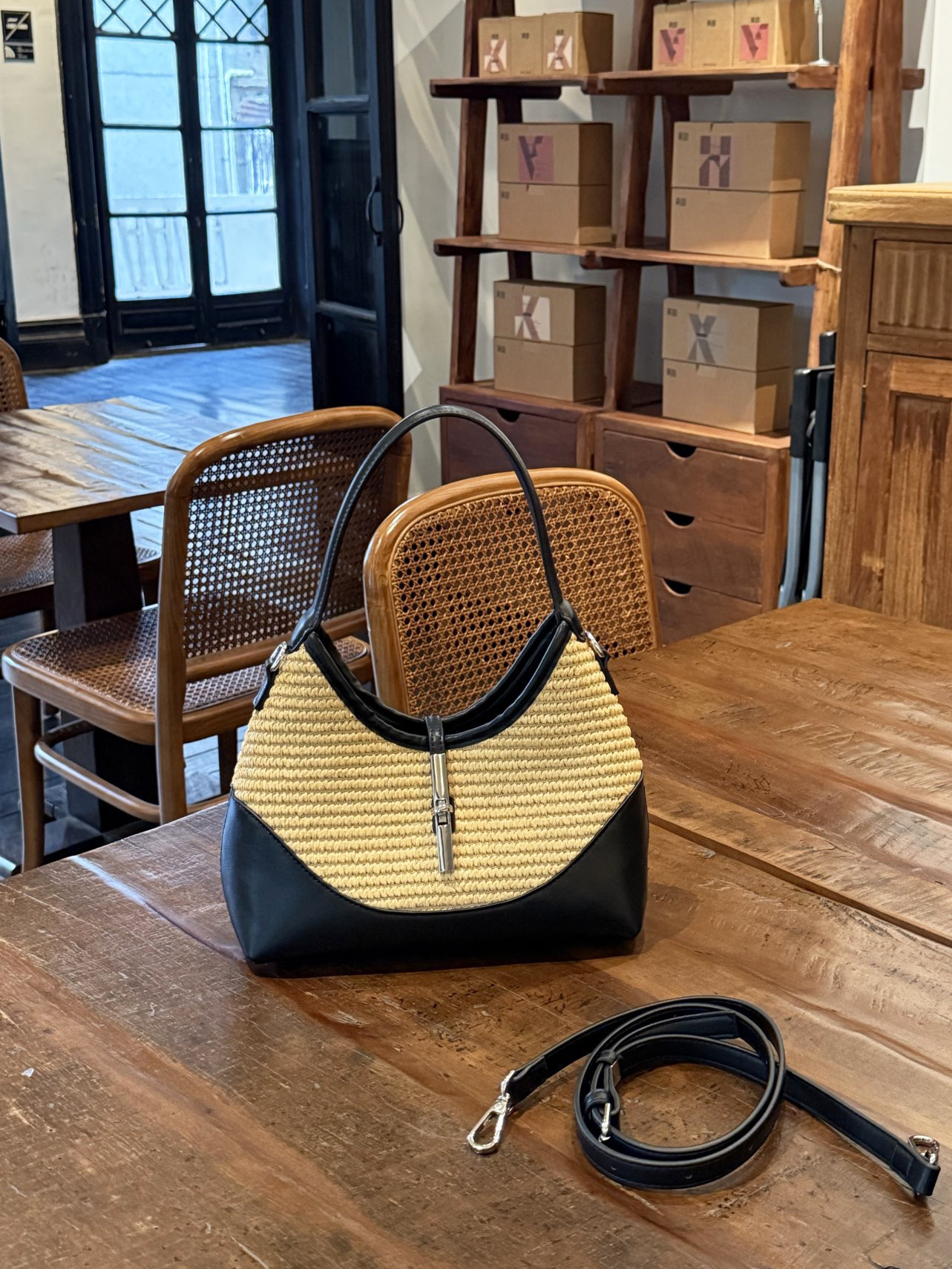 Storage Basket Bag, Rattan Handbag, Woven Shoulder Bag, Handmade Natural Rattan & Seagrass, Leather Trim, Eco-Friendly, Lightweight, Durable For Daily_voghion.com