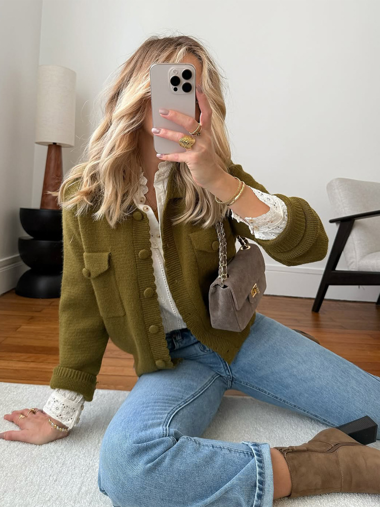 Cardigan de moda de color sólido de hebilla única 2026 Europa y América de moda transfronteriza de mujeres de otoño de manga larga delgada suéter de bolsillo