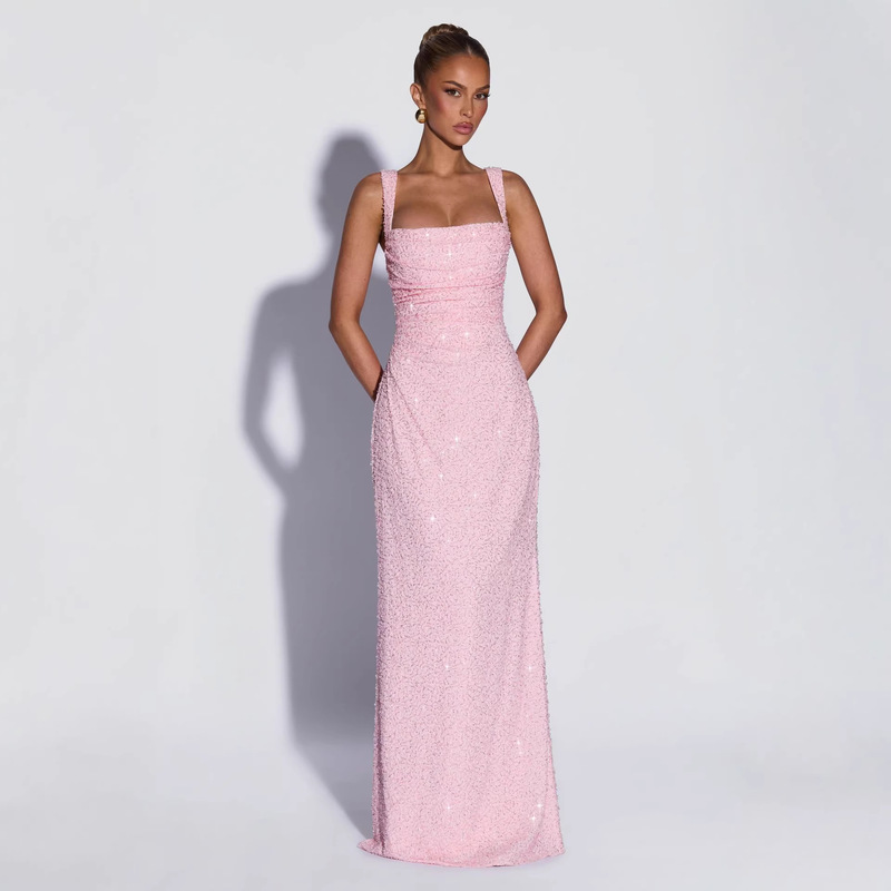 Personalized Sequined Solid Color Tube Top Dress for Women 2025 Spring New Style Sleeveless Fashion Suspender Slit Waist-Cinching Long Dress