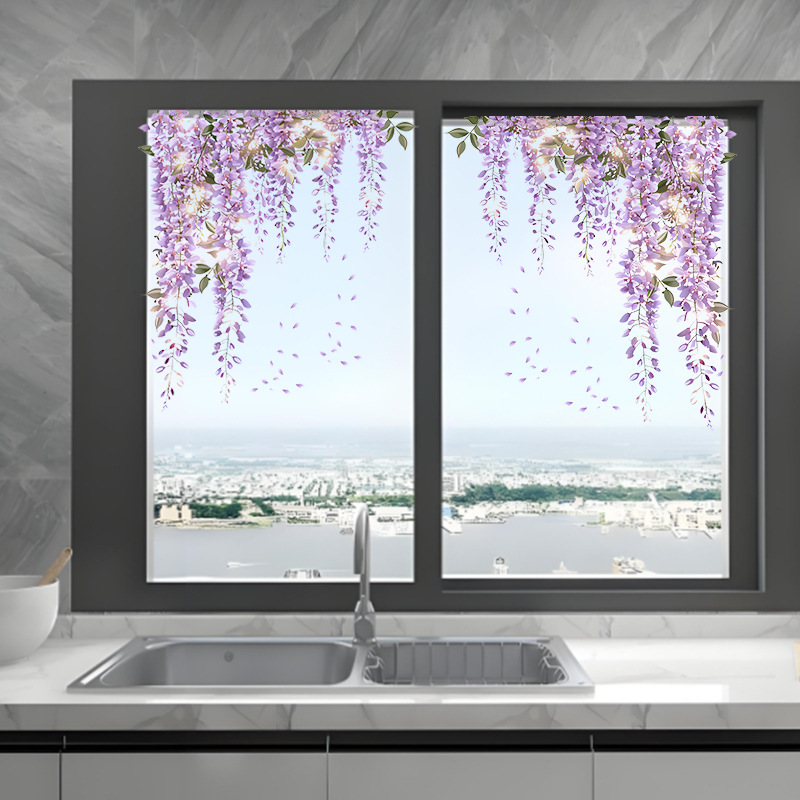 New Purple Wisteria Flower Window Stickers Removable Glass Stickers Living Room Bedroom Background Wall Home Decoration Wall Stickers Self-Adhesive