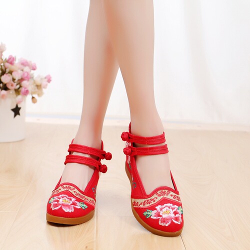 Hibiscus flower, Xinyue Yueqin, Phoenix tail peony, ethnic style double-button canvas inner height increasing women's shoes, bridal high heels