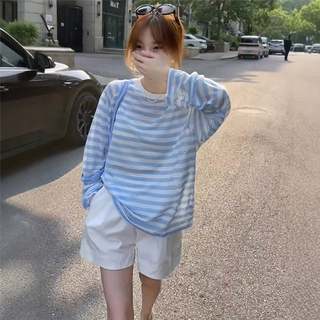 蓝色条纹防晒罩衫女夏薄款韩版气质凉感冰丝长袖T恤宽松外搭上衣