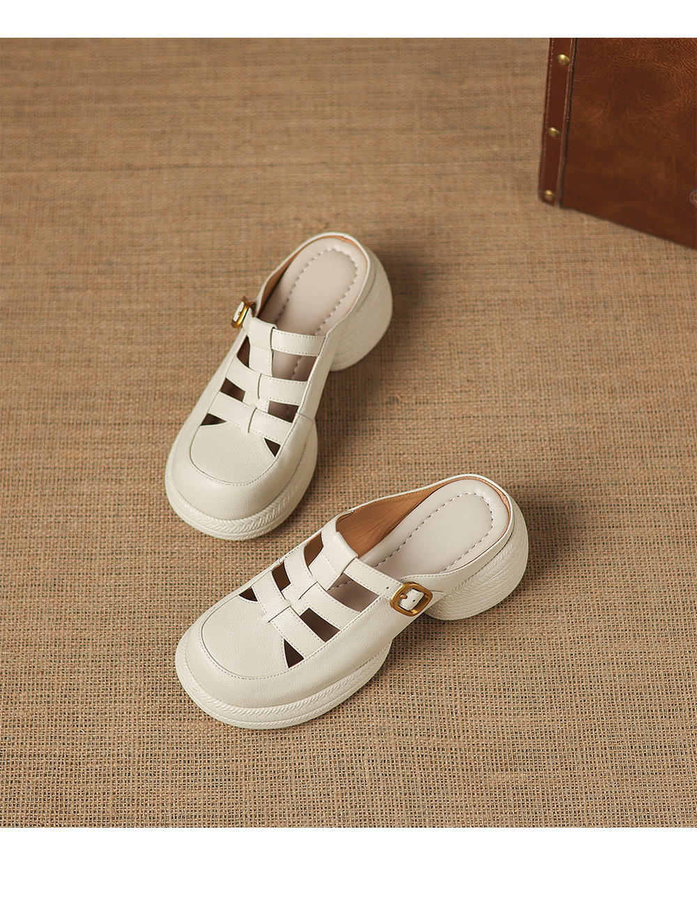 Sandal cao gót nữ mũi hở đế dày da cừu kiểu dệt lỗ — màu trắng ngà chi tiết 17