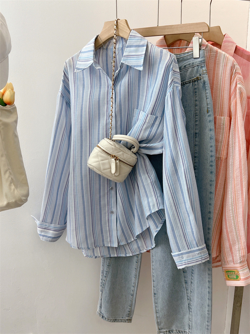 防晒衬衫女夏2023新款设计感宽松慵懒长袖蓝色条纹衬衣一件代发