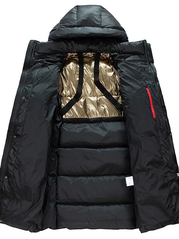 Black gold white duck down jacket men's 2024 Winter mid-length hooded couple's men's and women's same warm jacket fashion