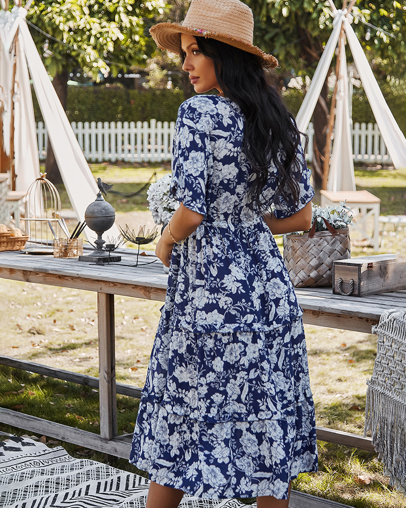 V-neck temperament mid-length printed dress NSKA37608