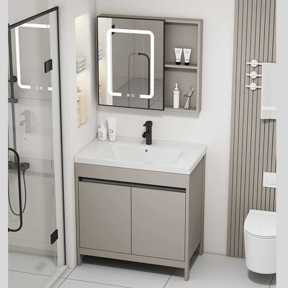 Gabinete de baño de piso de aluminio espacial combinación de inodoro cerámico moderno y minimalista lavabo de lavabo