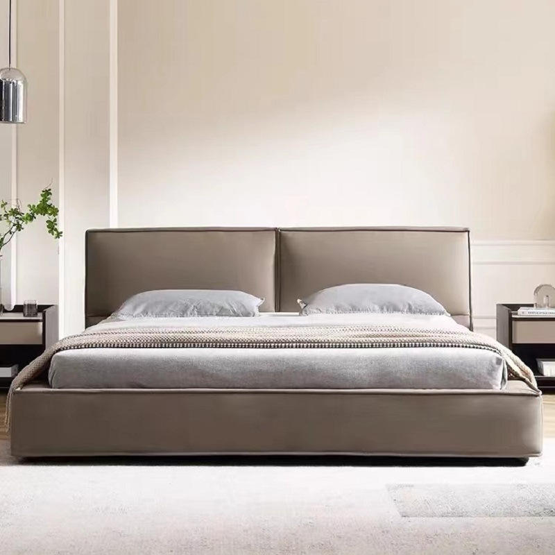 Cama de tofu de cuero minimalista italiana dormitorio de diseño de cuero de vaca, cama doble principal, caja alta y baja, cama de paquete suave