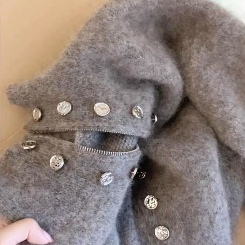 灰色重工双排扣立领毛衣外套女秋冬加厚高级感慵懒拉链针织衫上衣|undefined