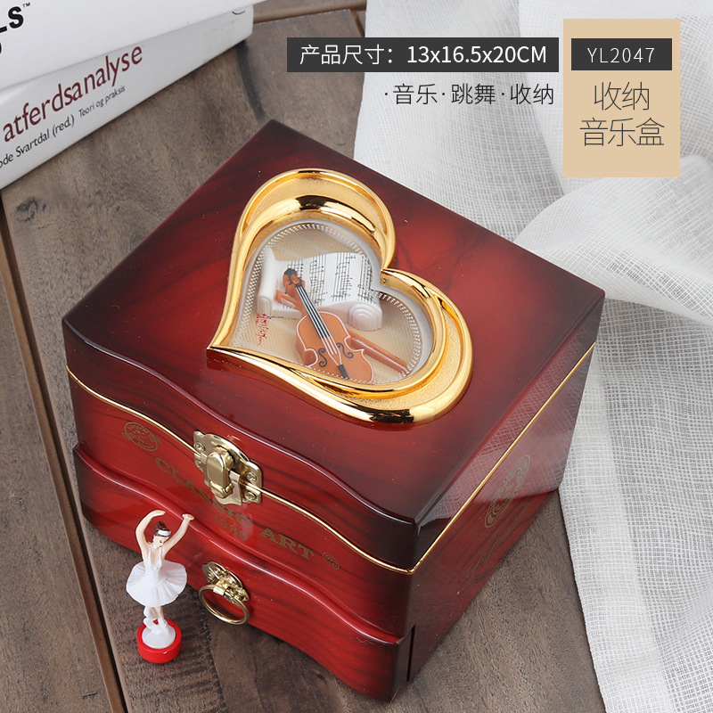 Caja de joyería cuadrada marrón con chica bailarina caja de música