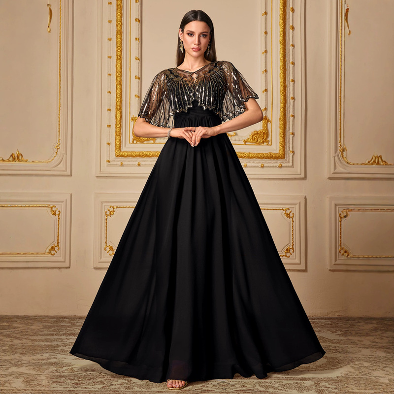 Detachable sequin shawl sleeveless two-way chiffon evening party bridesmaid dress