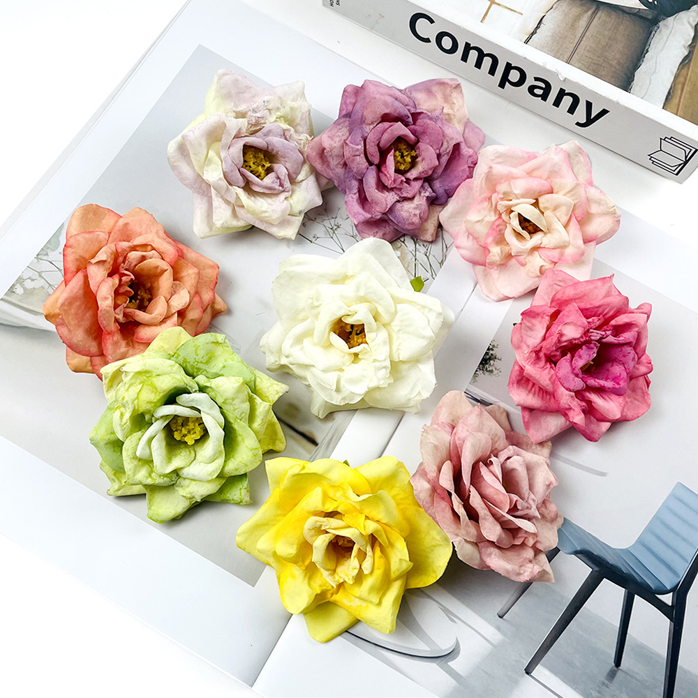 Retro rosa de temporada bordes asados flores falsas DIY toque de cabeza accesorios de flores de flores coronas de flores pared de boda camellia