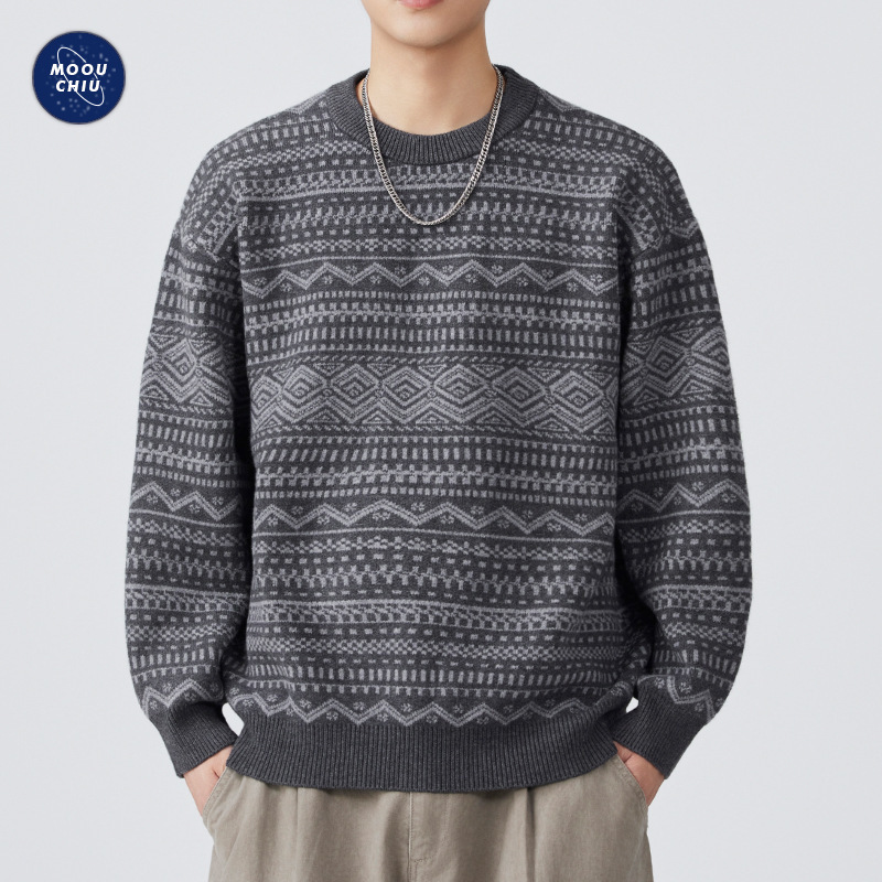 沐丘男装∣费尔岛几何图案提花圆领毛衣男美式宽松重磅保暖针织衫