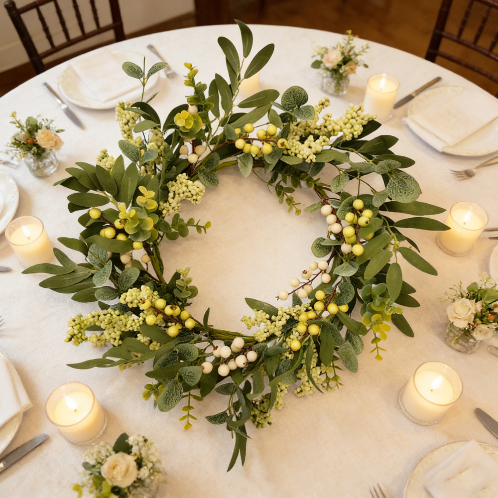 Simulación verde bayas de eucalyptus corona de primavera decoración del hogar mesa de comedor puertas colgantes hojas verdes artificiales de eucalipto