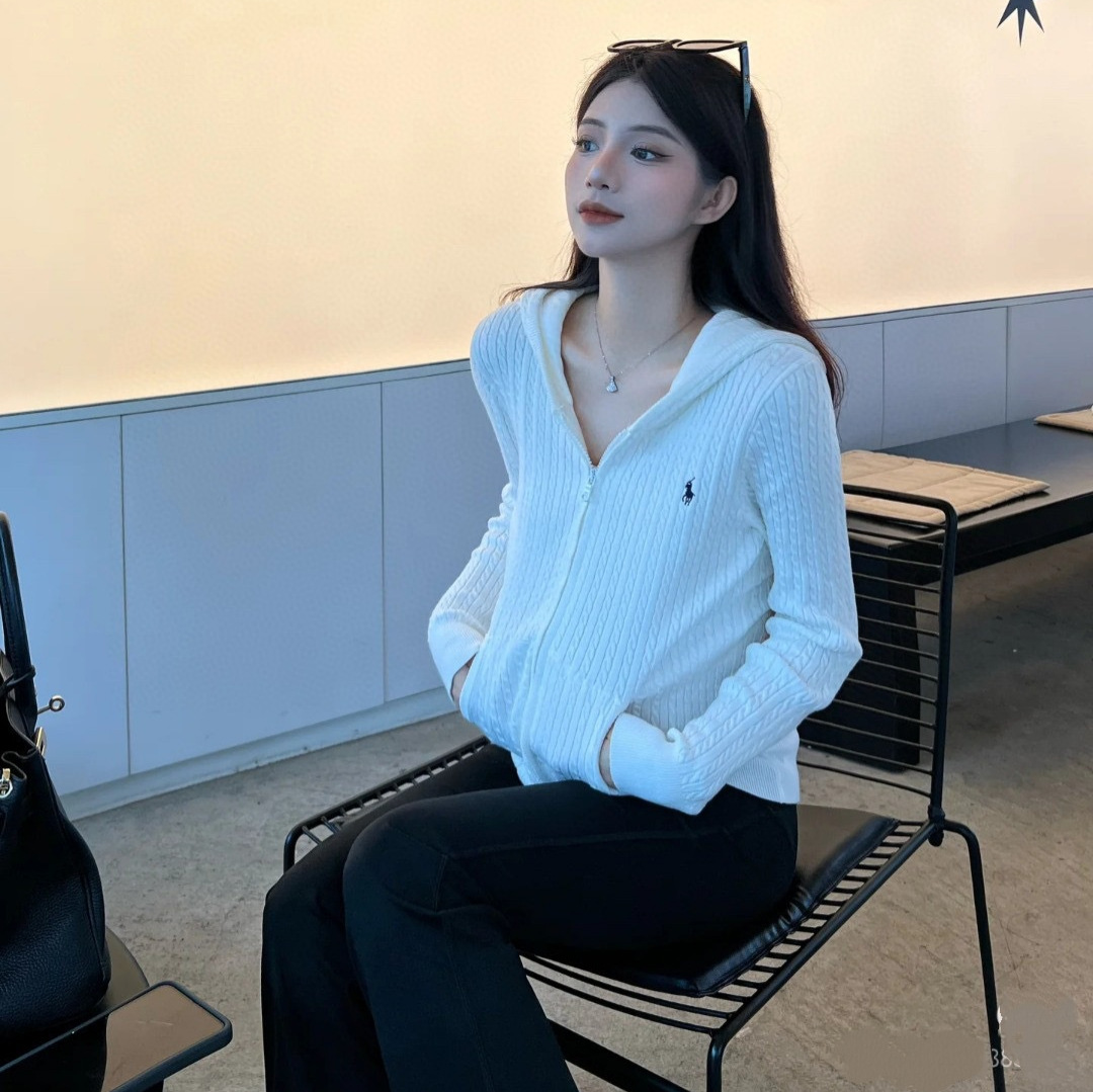 跨境可扫码RL拉夫小麻花全拉链连帽外套小马刺绣修身针织开衫女